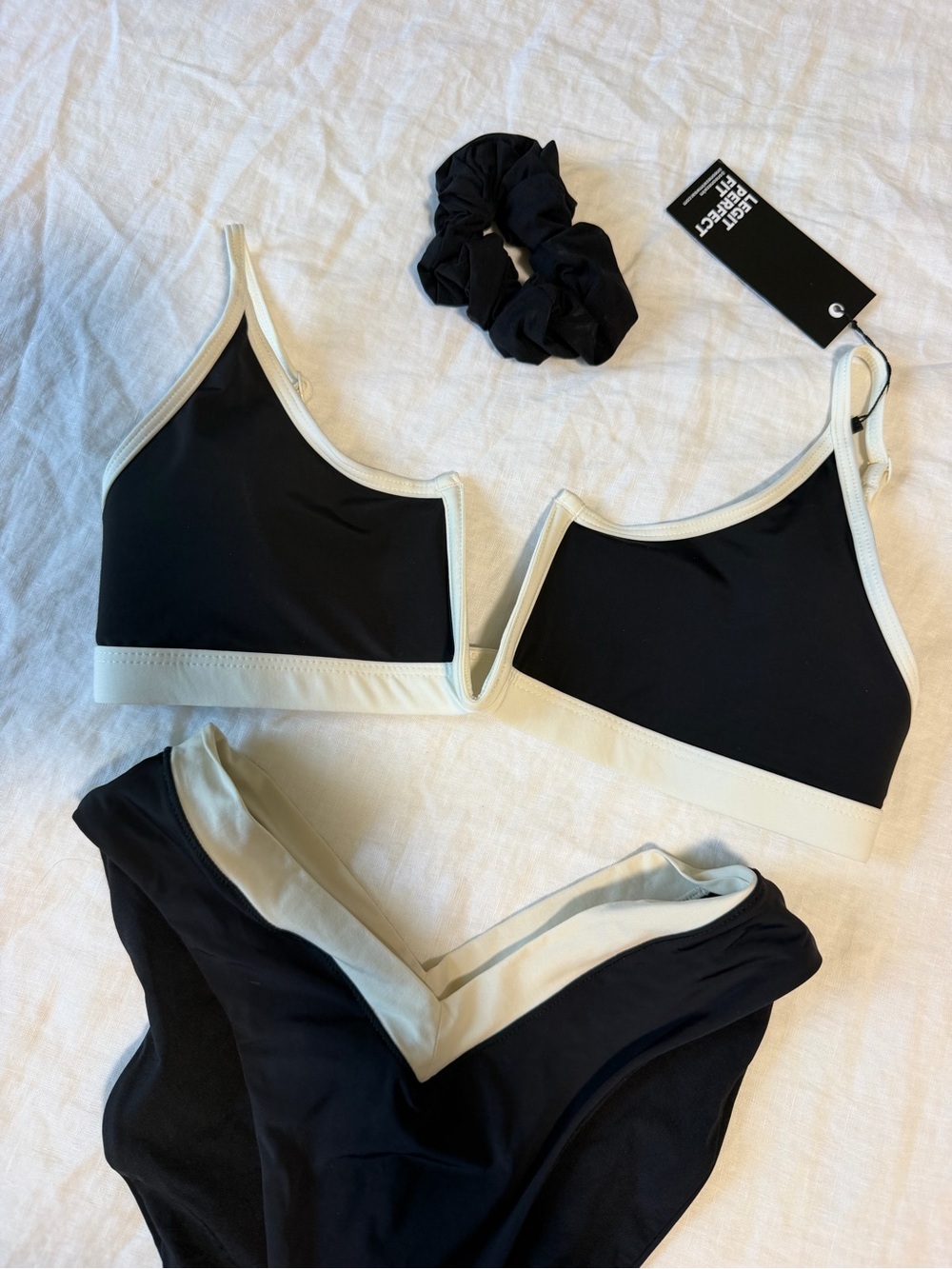 Contrast-Trim Black Bikini Set with Cream Accents